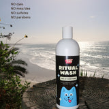 Gentle dog shampoo and conditioner for dogs with sensitive skin. Deodorizing shampoo for dogs with sensitive skin. Wolflike Ritual Wash dog shampoo and conditioner. Clean dog care and grooming products. Ultra gentle, safe for dogs and for humans. Hormone friendly. Vegan and gluten free dog care grooming products.