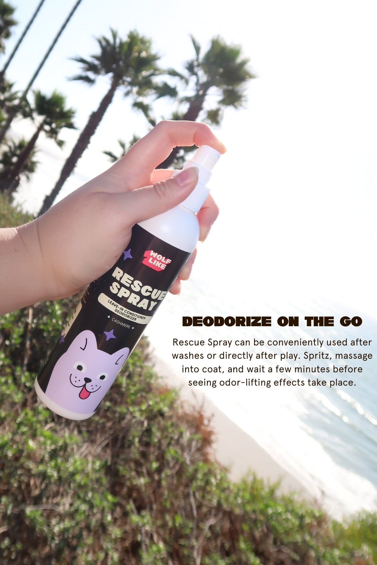 Gentle deodorizing spray, gentle conditioning spray for dogs with sensitive skin. Wolflike Rescue Spray Cereal and Cashmere. Clean dog care and grooming products. Ultra gentle, safe for dogs and for humans. Hormone friendly. Vegan and gluten free dog care grooming products.