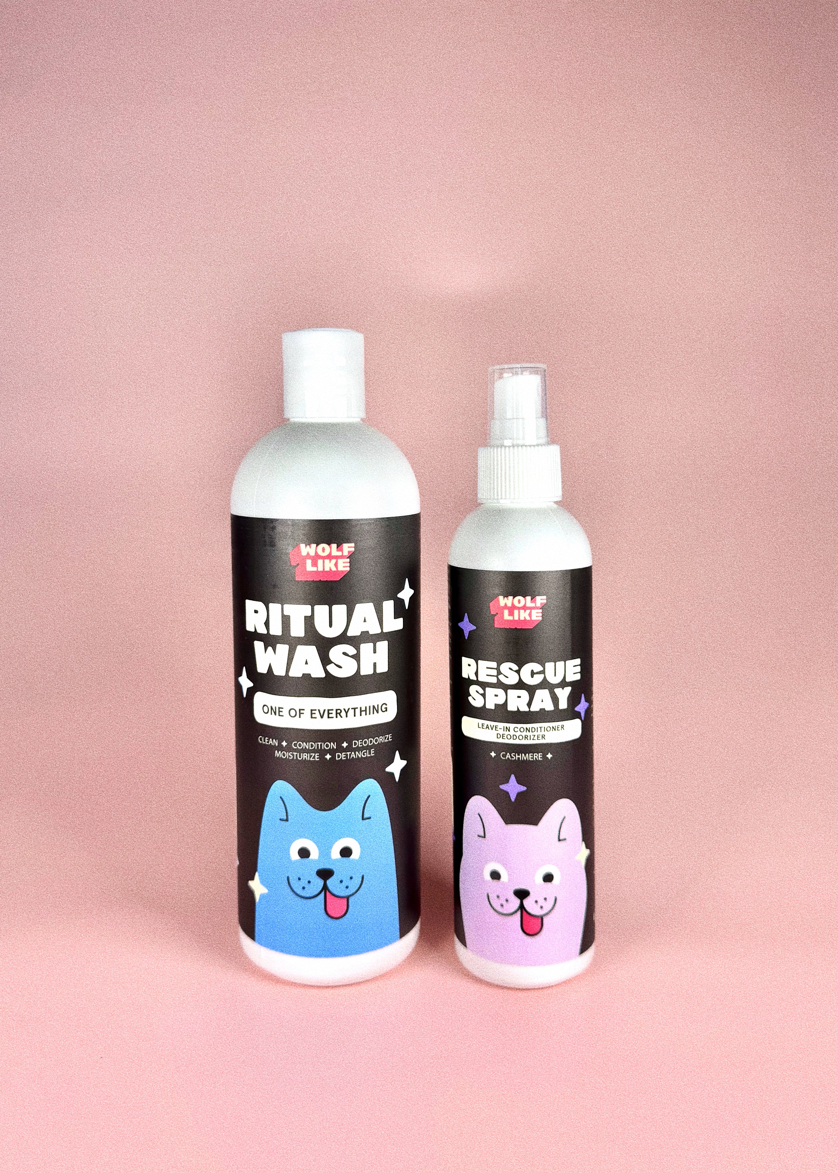 Wolflike natural dog shampoo and conditioner, natural human grade dog deodorizing spray detangling spray conditioning spray; natural non-toxic, human grade, vegan, paraben and sulfate free dog grooming products